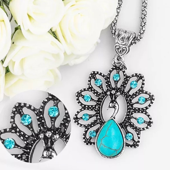 Turquoise Silver Peacock Necklace - Picture 7 of 8